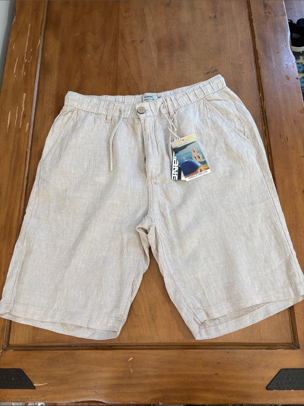 NWT Big Bang Greece Hellas Men's Linen-Drawstring Shorts - Light Beige Size 34